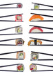 Many sushi rolls in chopsticks
