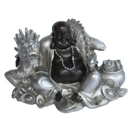 Buddha Figur (7,6x10,5x7 cm) sitzend mit Drachen dunkelbraun/silber aus Polyresin - sehr dekorativ