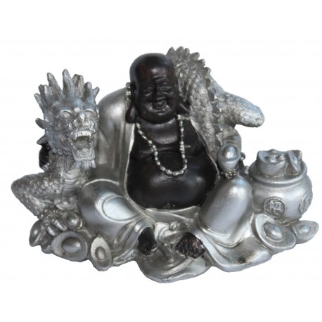 Buddha Figur (7,6x10,5x7 cm) sitzend mit Drachen dunkelbraun/silber aus Polyresin - sehr dekorativ