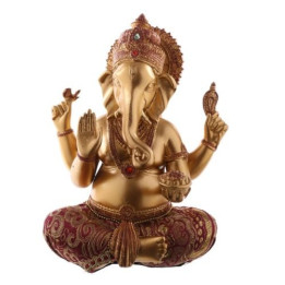 Ganesha Statue (17x13x10cm) aus Polyresin gold/rot mit Stoffapplikation