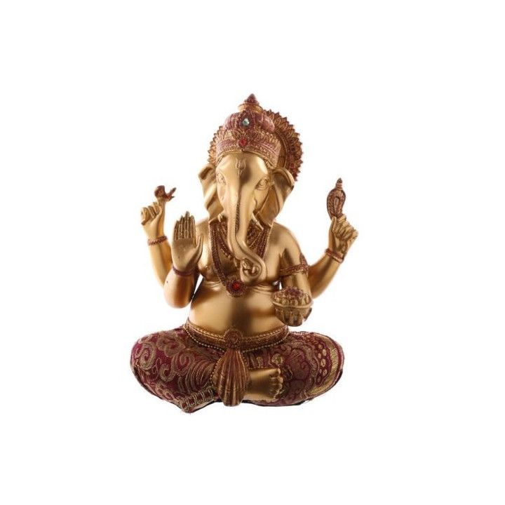 Ganesha Statue (17x13x10cm) aus Polyresin gold/rot mit Stoffapplikation