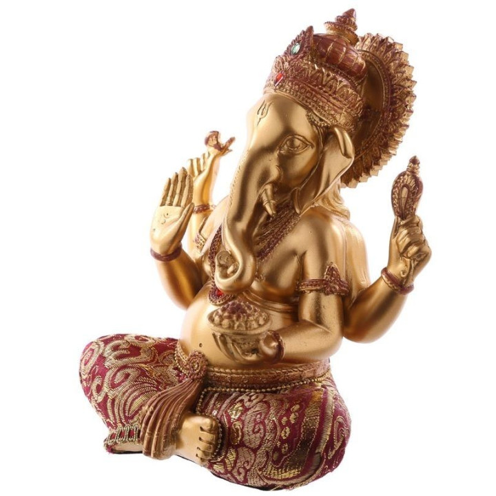 Ganesha Statue (17x13x10cm) aus Polyresin gold/rot mit Stoffapplikation