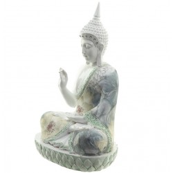 Thai Buddha Figur weiß mit Stoffapplikation, Mudra - Rad der Lehre