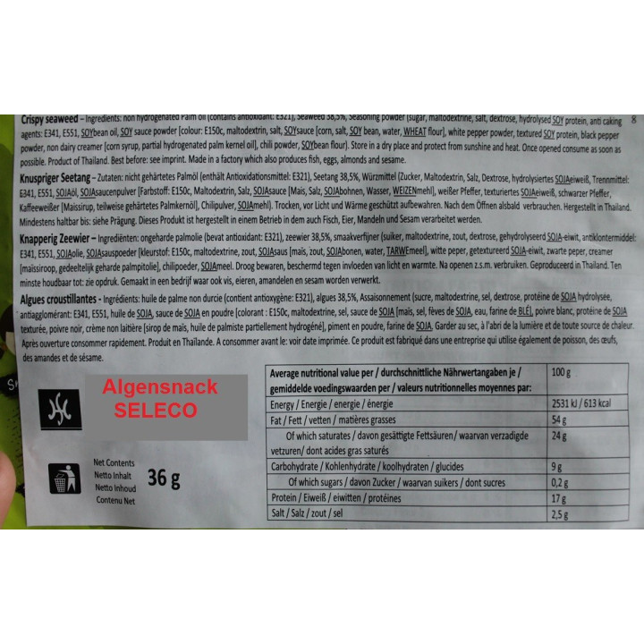 Algensnack 36g knuspriger Seetang Meeresalge algenblätter glutenfrei noriblätter herzhaft