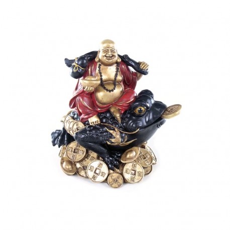 Buddha Figur auf Geldfrosch  (H15xB16xT12cm) mit Stoff -  aus Polyresin in gold/rot/schwarz