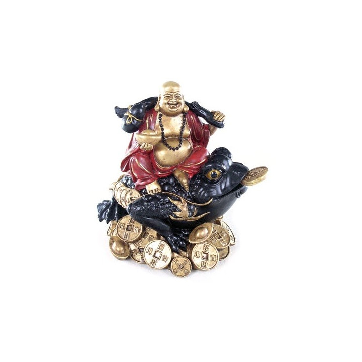 Buddha Figur auf Geldfrosch  (H15xB16xT12cm) mit Stoff -  aus Polyresin in gold/rot/schwarz