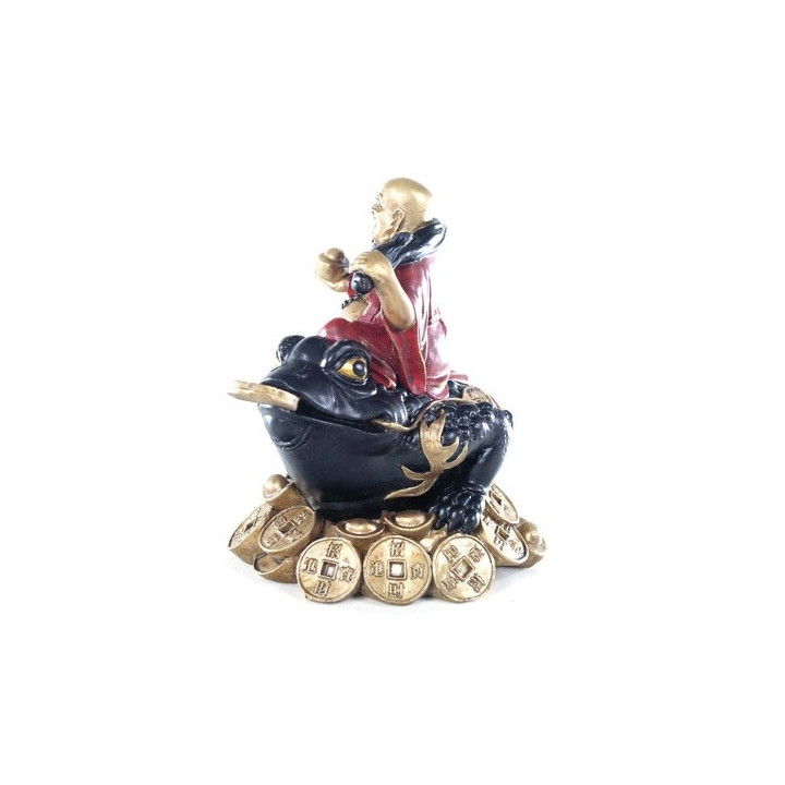Buddha Figur auf Geldfrosch  (H15xB16xT12cm) mit Stoff -  aus Polyresin in gold/rot/schwarz