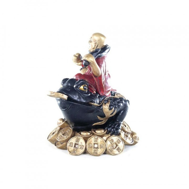 Buddha Figur auf Geldfrosch  (H15xB16xT12cm) mit Stoff -  aus Polyresin in gold/rot/schwarz