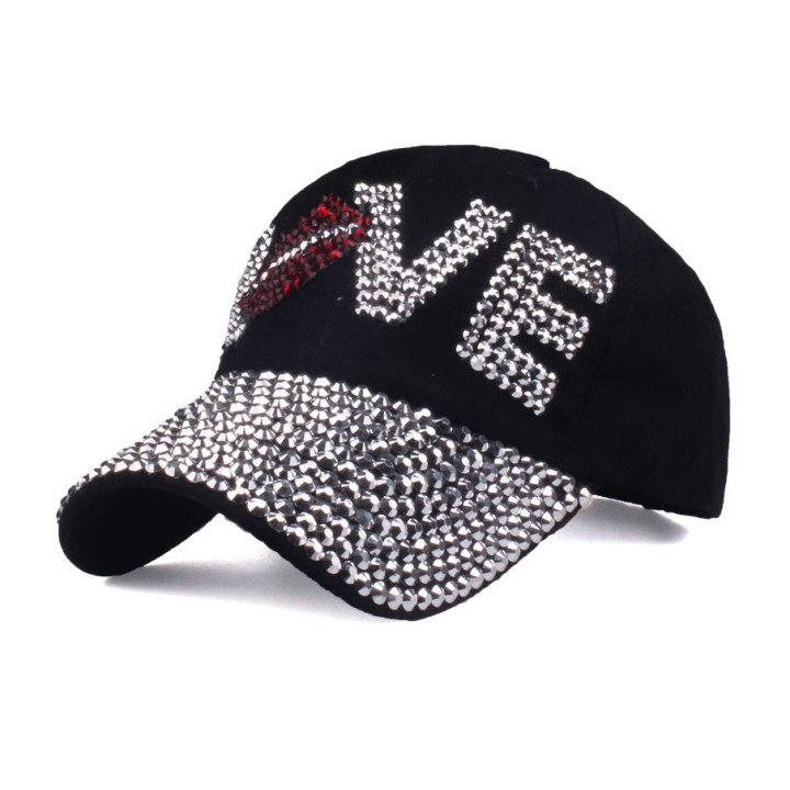 Jeans Basecap Love Nieten Glitzer Baseball Cap verstellbar 54cm bis 61cm, Baumwolle/Polyester
