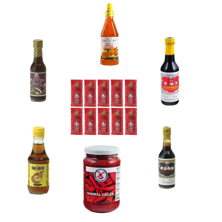 7 Saucen Set soja austern scharf süß soße sambal oelek sriracha sushiset chili