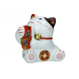 Plutus Katze Spardose Porzellan Winkekatze 10cm Maneki Neko Feng Shui mit Glöckchen