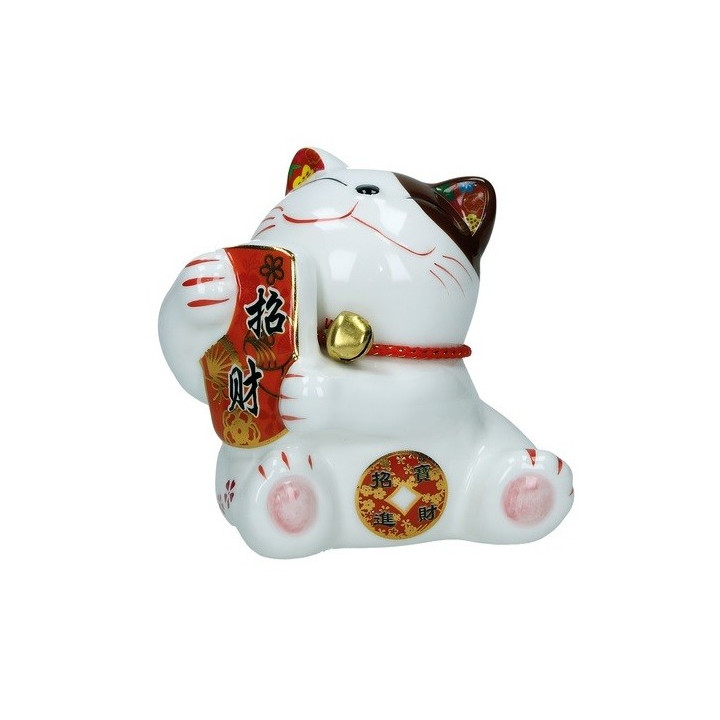 Plutus Katze Spardose Porzellan Winkekatze 10cm Maneki Neko Feng Shui mit Glöckchen