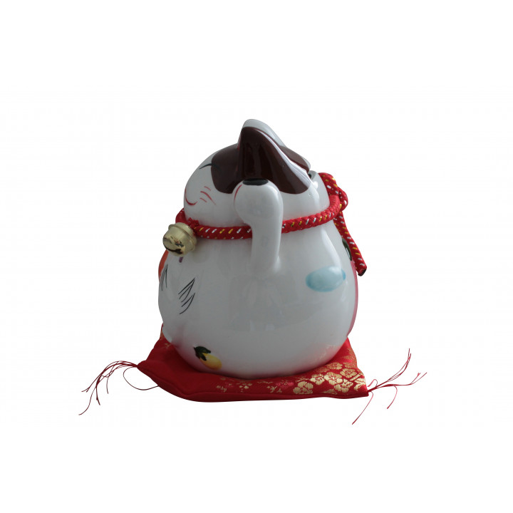 Plutus Katze Spardose Porzellan Winkekatze auf Seidenkissen 16cm Feng Shui