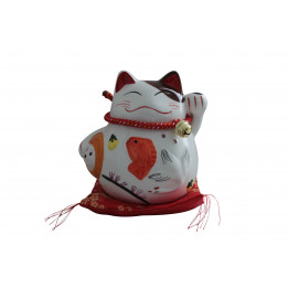 Plutus Katze Spardose Porzellan Winkekatze auf Seidenkissen 16cm Feng Shui