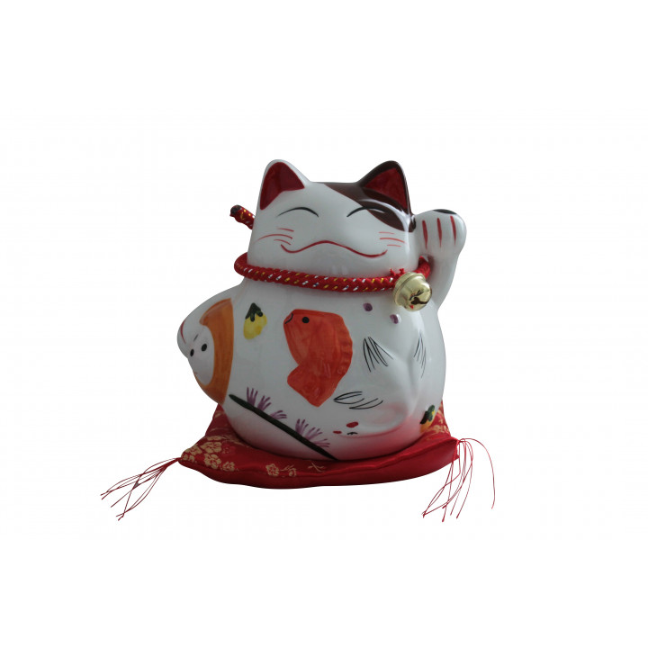 Plutus Katze Spardose Porzellan Winkekatze auf Seidenkissen 16cm Feng Shui