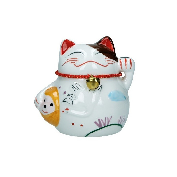 Plutus Katze Spardose Porzellan Winkekatze 9,5cm Maneki Neko Feng Shui Glöckchen
