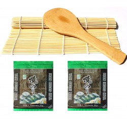 Sushi Roll Matte aus Bambus + Reislöffel + 2x 10 Nori Algenblätter sushiset