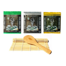 Sushi Roll Matte aus Bambus + Reislöffel + 3x 10 Sushi Nori Algenblätter