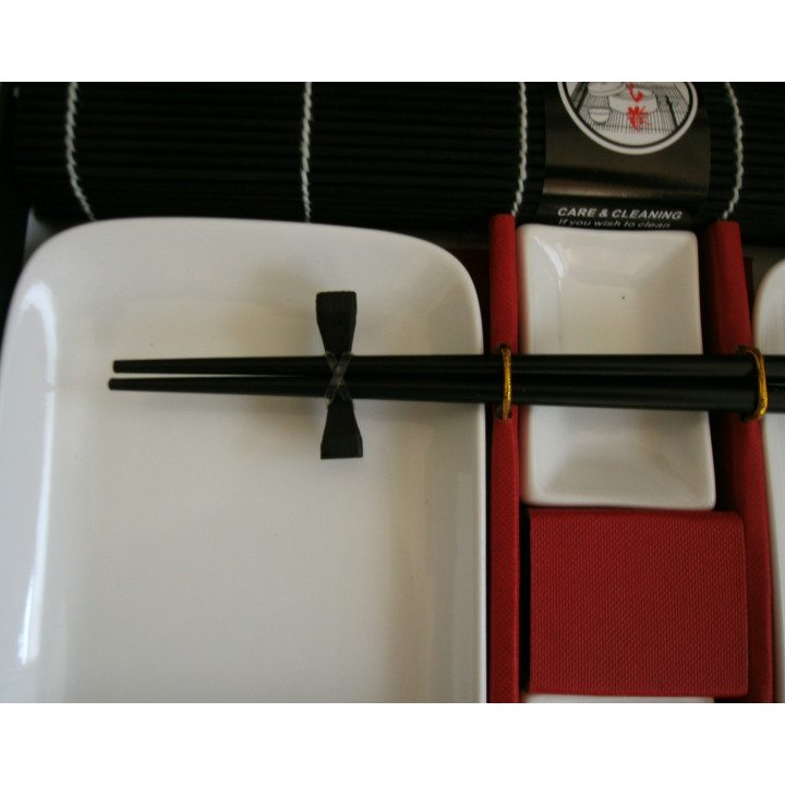 Sushi Service Set 12 tlg. schwarz/weiß Japan Style 2 Personen Keramikgeschirr mit Bambusmatte, Esstäbchen, Halter