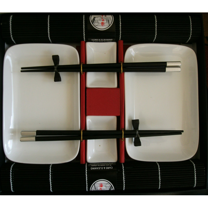 Sushi Service Set 12 tlg. schwarz/weiß Japan Style 2 Personen Keramikgeschirr mit Bambusmatte, Esstäbchen, Halter