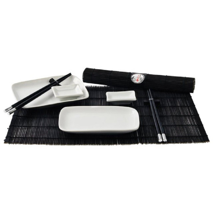 Sushi Service Set 12 tlg. schwarz/weiß Japan Style 2 Personen Keramikgeschirr mit Bambusmatte, Esstäbchen, Halter