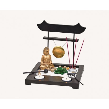 Zen Garten mit Buddha + Gong + Teelichthalter + Räucherstäbchenhalter Japanischer Zengarten