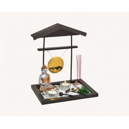 Zen Garten mit Buddha + Gong + Teelichthalter + Räucherstäbchenhalter Japanischer Zengarten 32cm 22cm