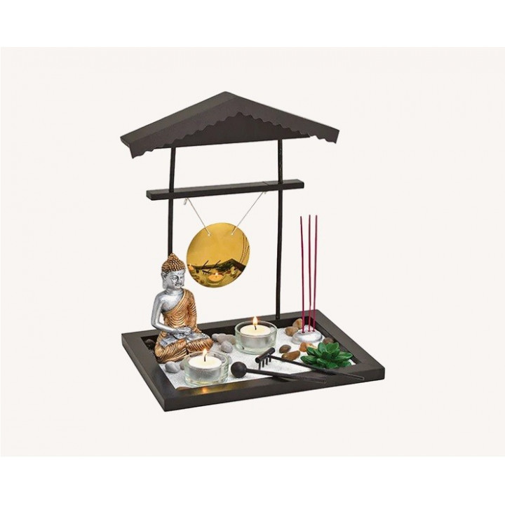 Zen Garten mit Buddha + Gong + Teelichthalter + Räucherstäbchenhalter Japanischer Zengarten 32cm 22cm