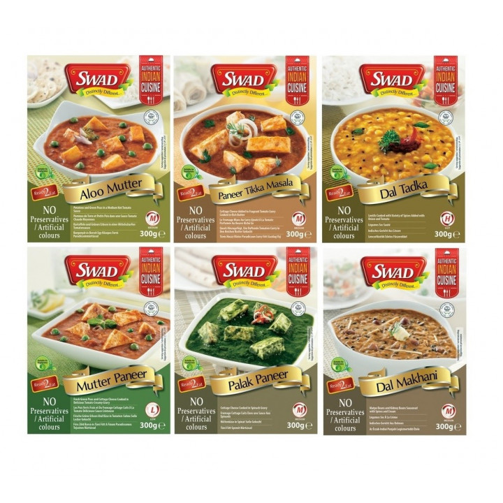 6x Indisches Fertiggericht MIX a300g aus Indien Tikka Mutter Paneer Curry Dal Palak Makhani SWAD
