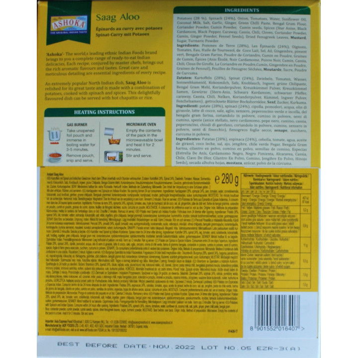 10x Saag Aloo 280g original Indien Fertiggericht schnelle Küche VEGAN
