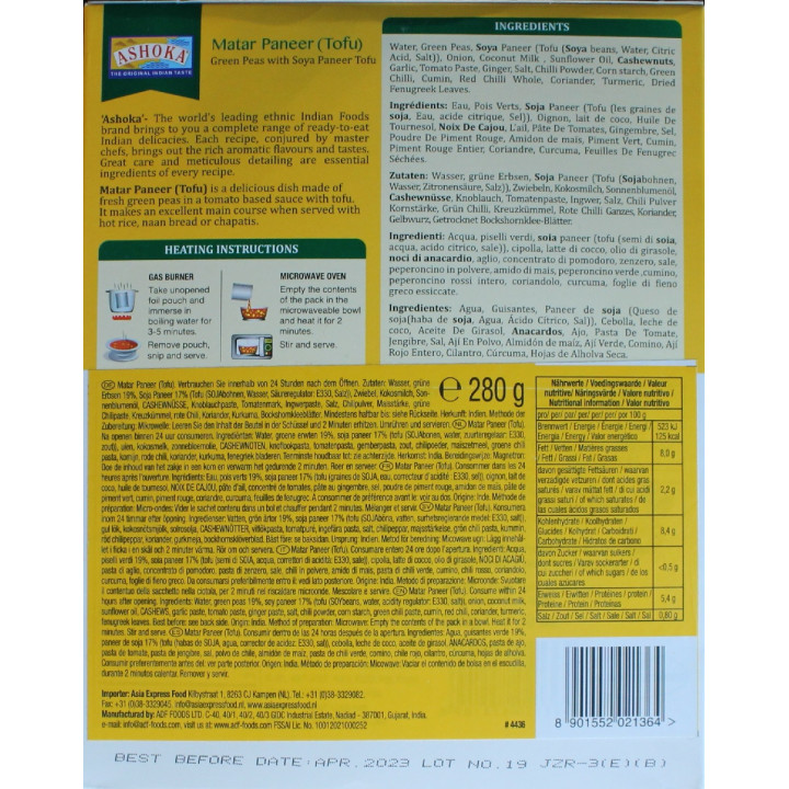10x Matar Paneer (Tofu) 280g original Indien Fertiggericht schnelle Küche VEGAN