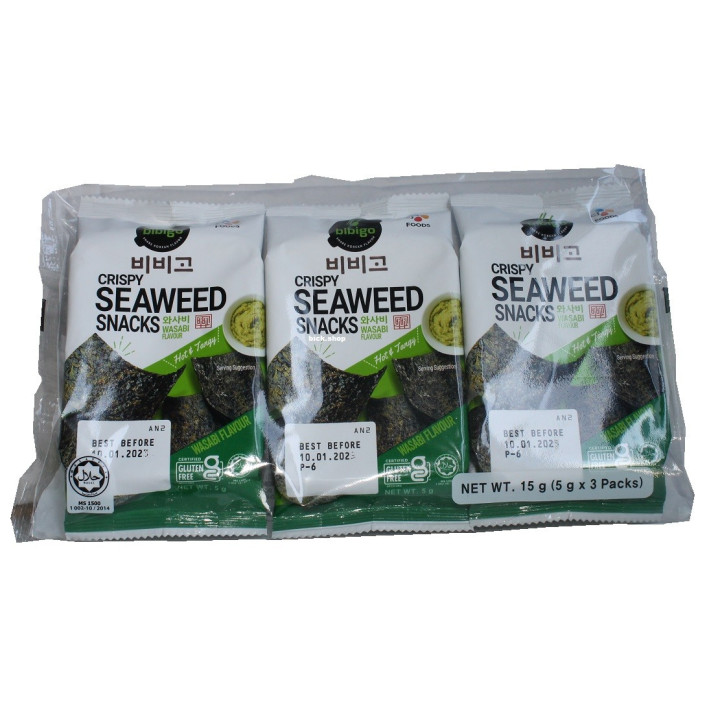 Algensnack mit Wasabi 3x 5g Seetang Snack würzig scharf knusprig Algenblätter