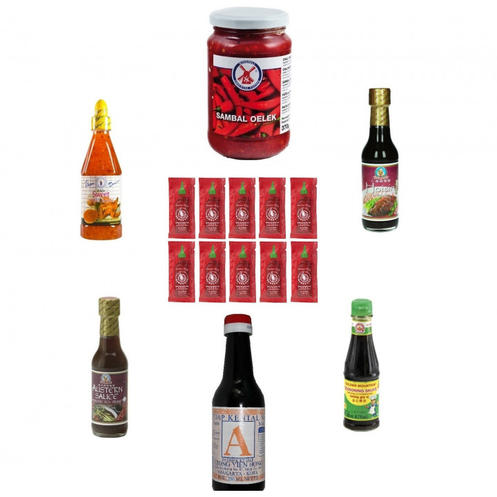 Saucen Set soja austern sambaloelek sriracha hoisin ketjap manis sushiset chili