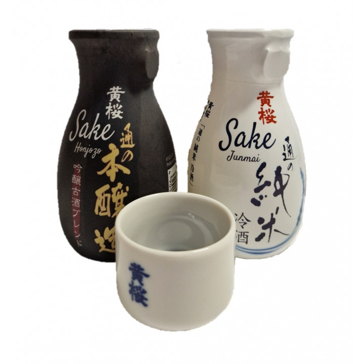Kizakura Sake Set 2 Flaschen à 180 ml + Sake-Bechers – 1 x Junmai Sake und 1 x Honjozo Sake 15 % Vol.