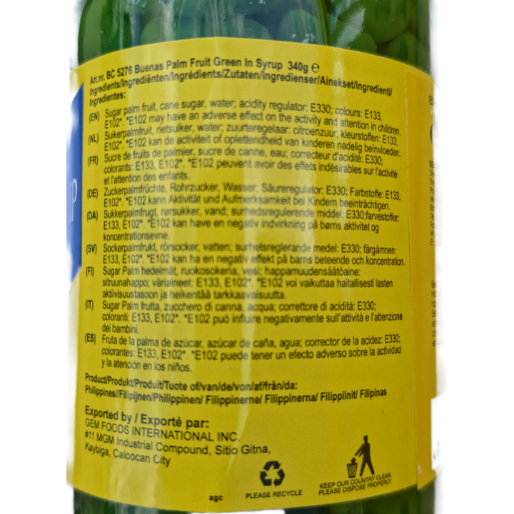 Buenas Kaong Candied Fruit in Syrup (Green)340g, in Sirup eingelegte, gezuckerte Palmfrucht