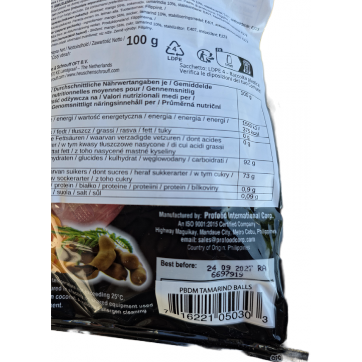 Dried Mango Tamarind Balls 100g Philippine Brand, getrocknete Mango-Tamarinden-Bällchen.