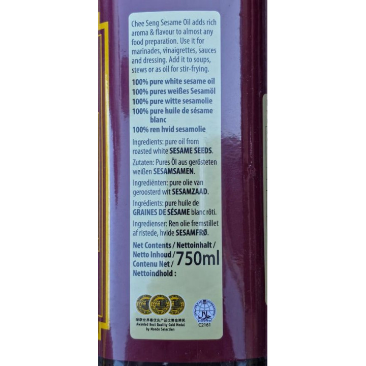 Pure white Sesam Oil 750ml Chee Seng Geröstetes Sesamöl aus weißem Sesam