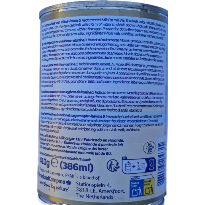 Peak Evaporated Milk 410g cremige Kondensmilch mit Vitamin D