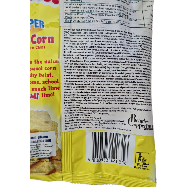 Tomi Super Sweet Corn Flavored Corn Chips 110 g Knusprige Mais-Chips mit süßem Maisgeschmack