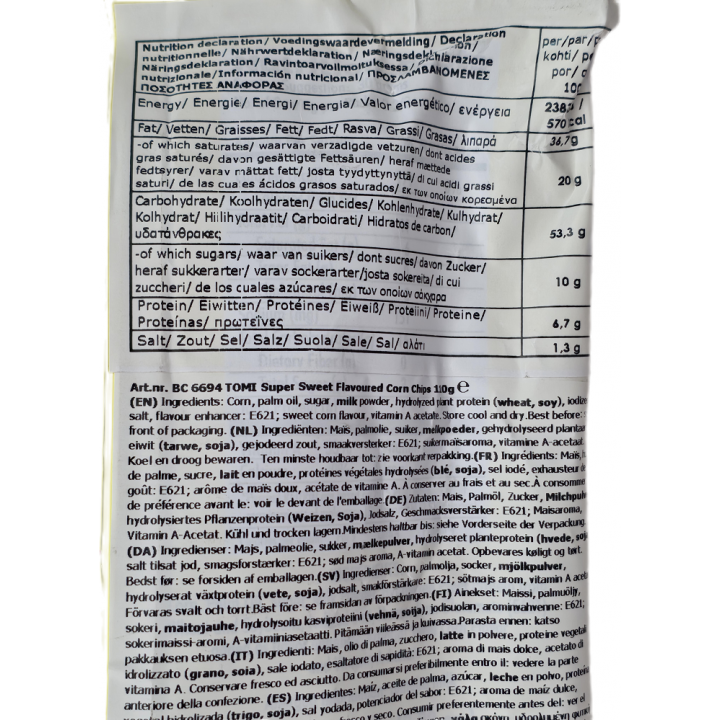 Tomi Super Sweet Corn Flavored Corn Chips 110 g Knusprige Mais-Chips mit süßem Maisgeschmack