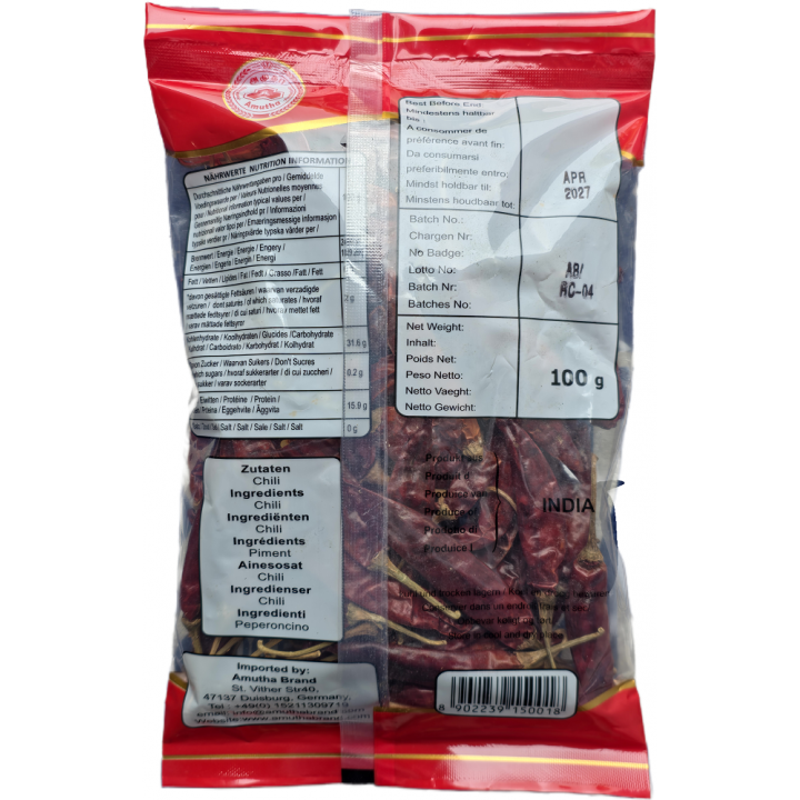 Whole Chilli 100g Amutha ganze, getrocknete rote Chilischoten
