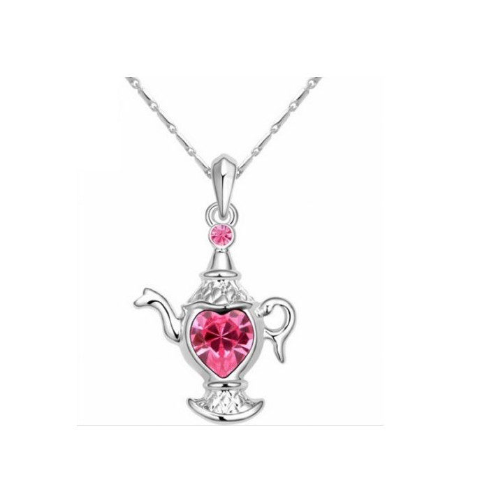 Teekanne Anhänger (ca. 2,8cm x 2,2cm) mit Strass Stein inkl. Kette (42cm + 6cm), rosa Zirkonia